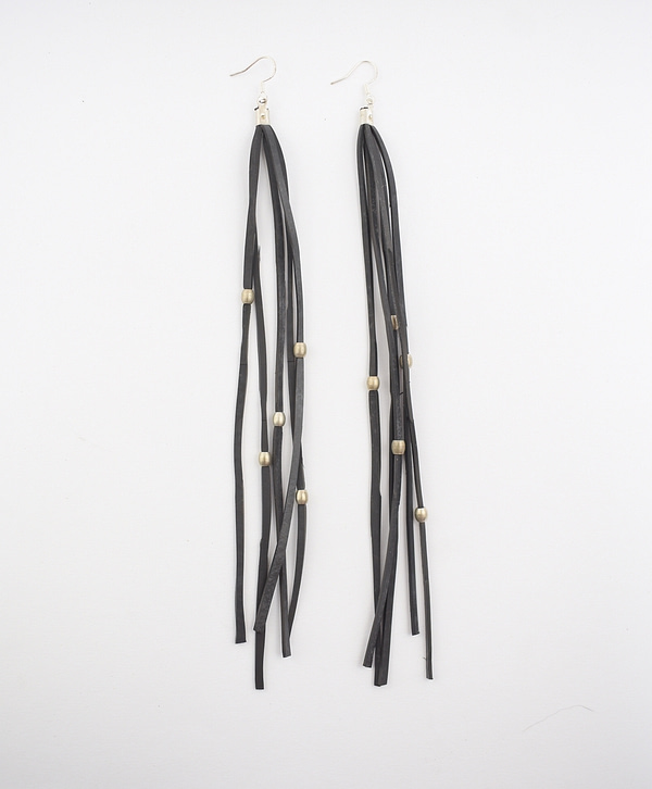 Recyled Jewellery: A pair of Waterfall Earring Plain with small gold beads spaced evenly along their length, displayed against a white background, exemplifying eco-friendly jewelry principles. @ Reblack Shop